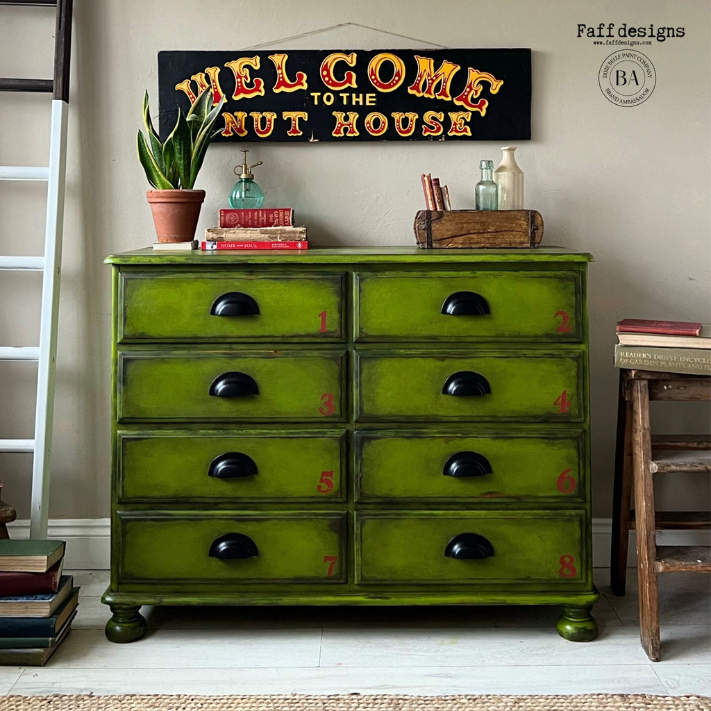 Industrial apothecary style green drawers