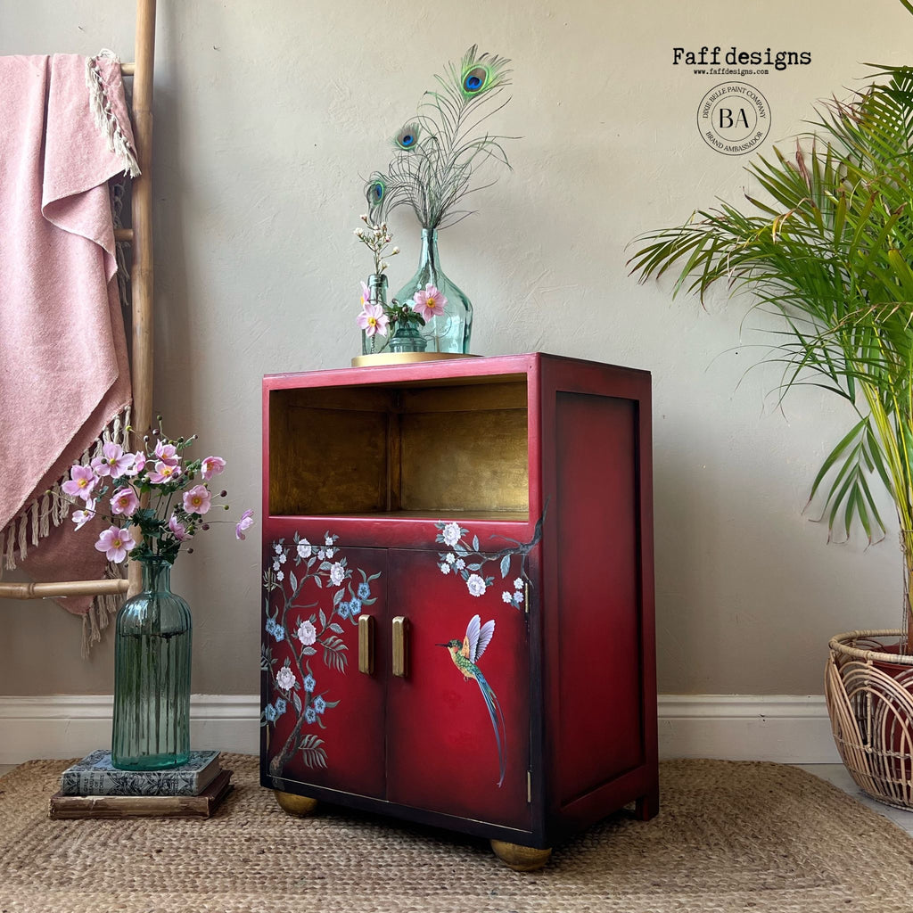 Red and floral chinoiserie style cabinet