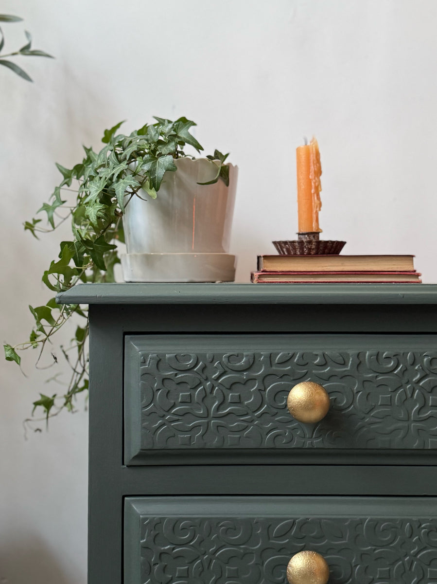 Three drawer bedside painted green – Faff Designs