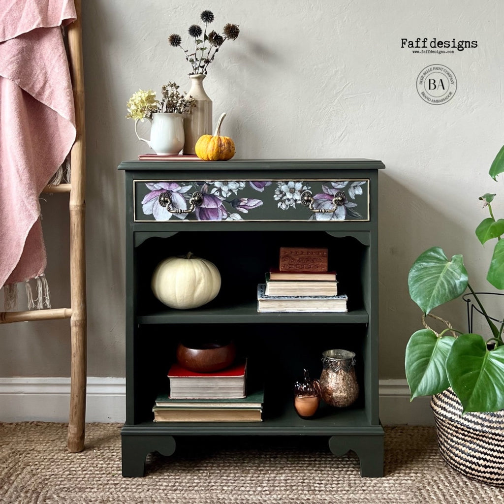 Green bookcase with floral drawer