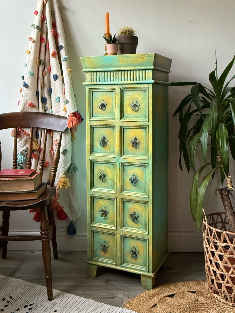 Yellow and turquoise distressed tallboy