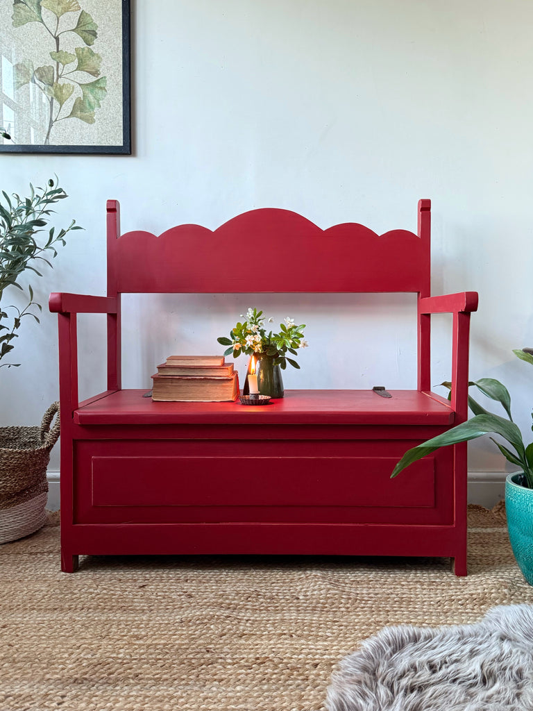 Rustic storage bench painted red