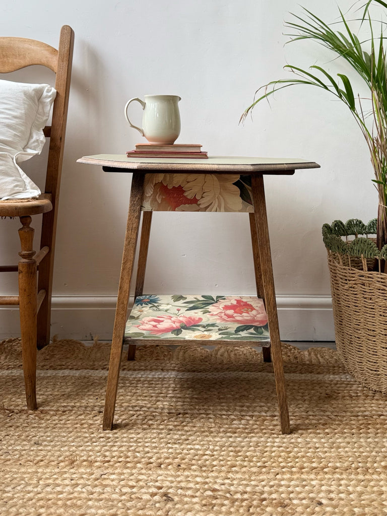 Green and floral oak side table