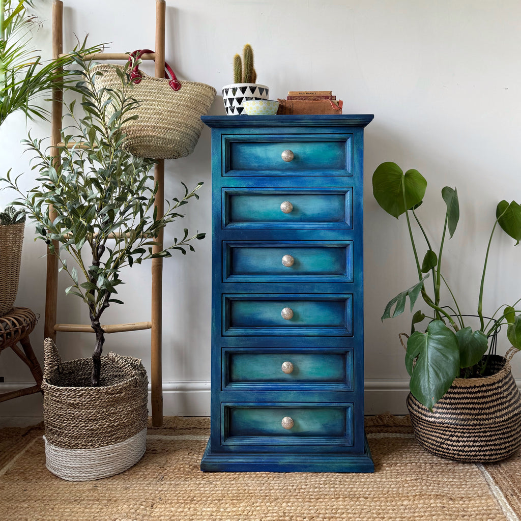 Bohemian blue tallboy chest of drawers