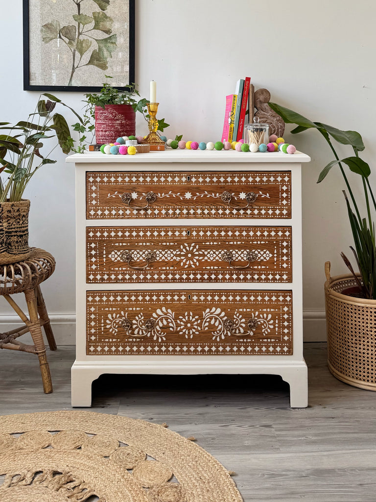 Boho stencilled chest of drawers