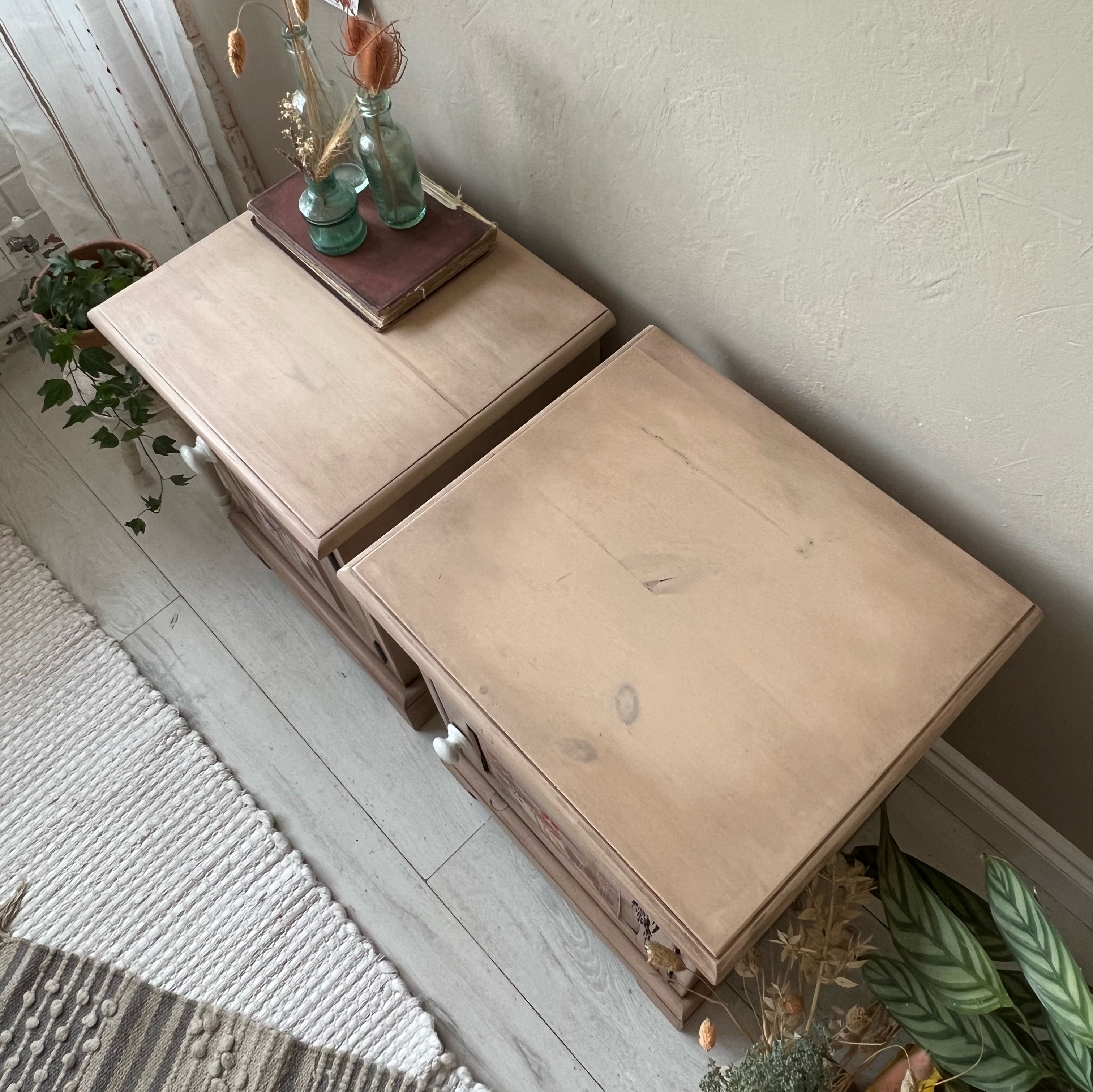 Pine floral bedside tables - pair