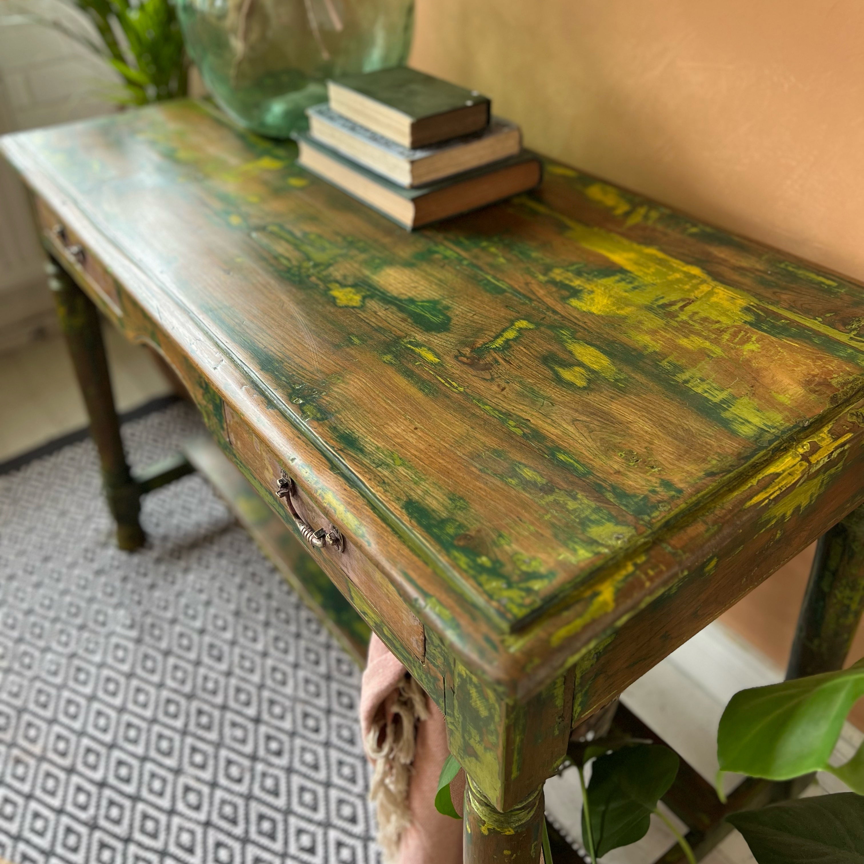 Pink and green console table