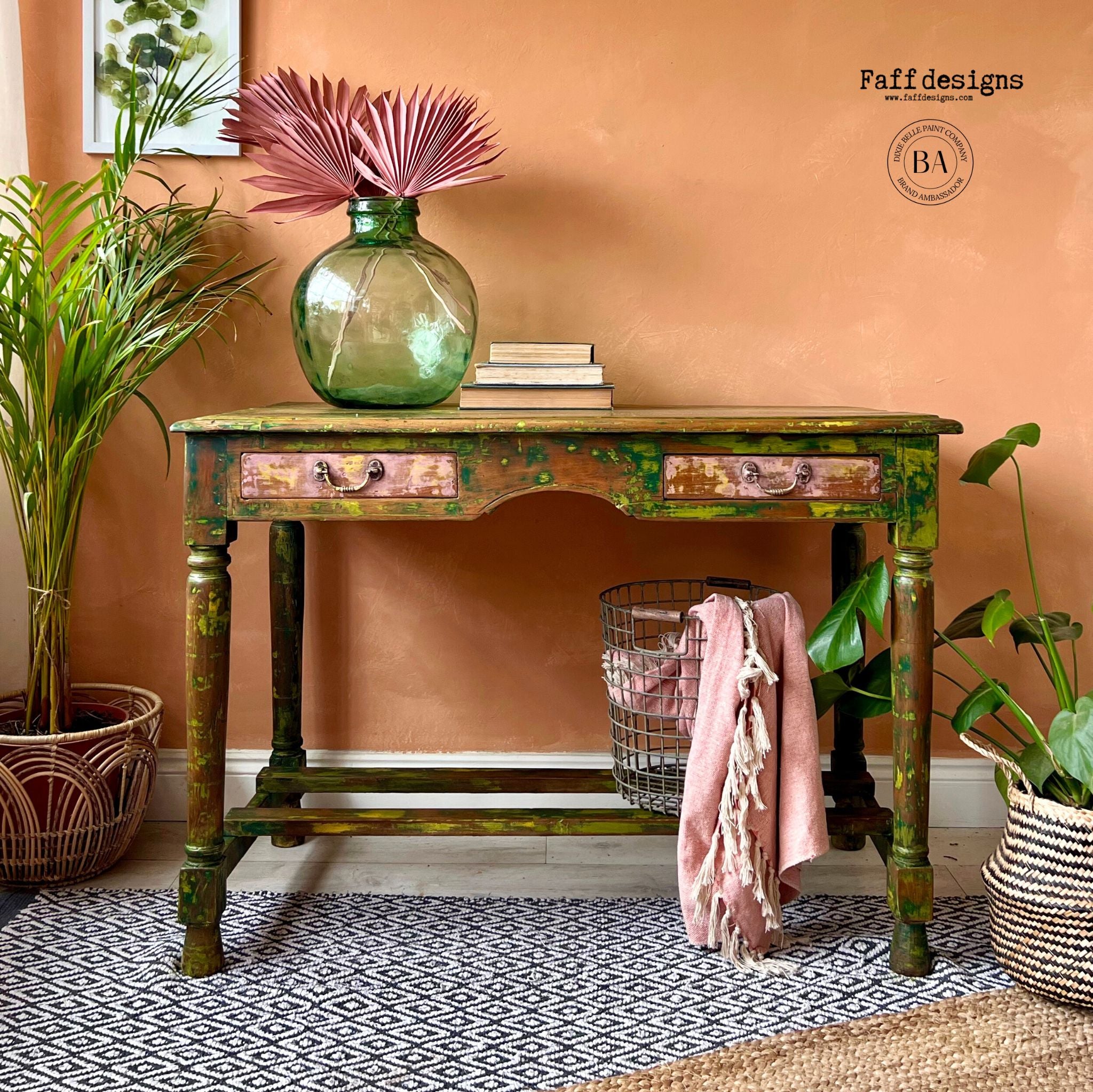 Pink and green console table