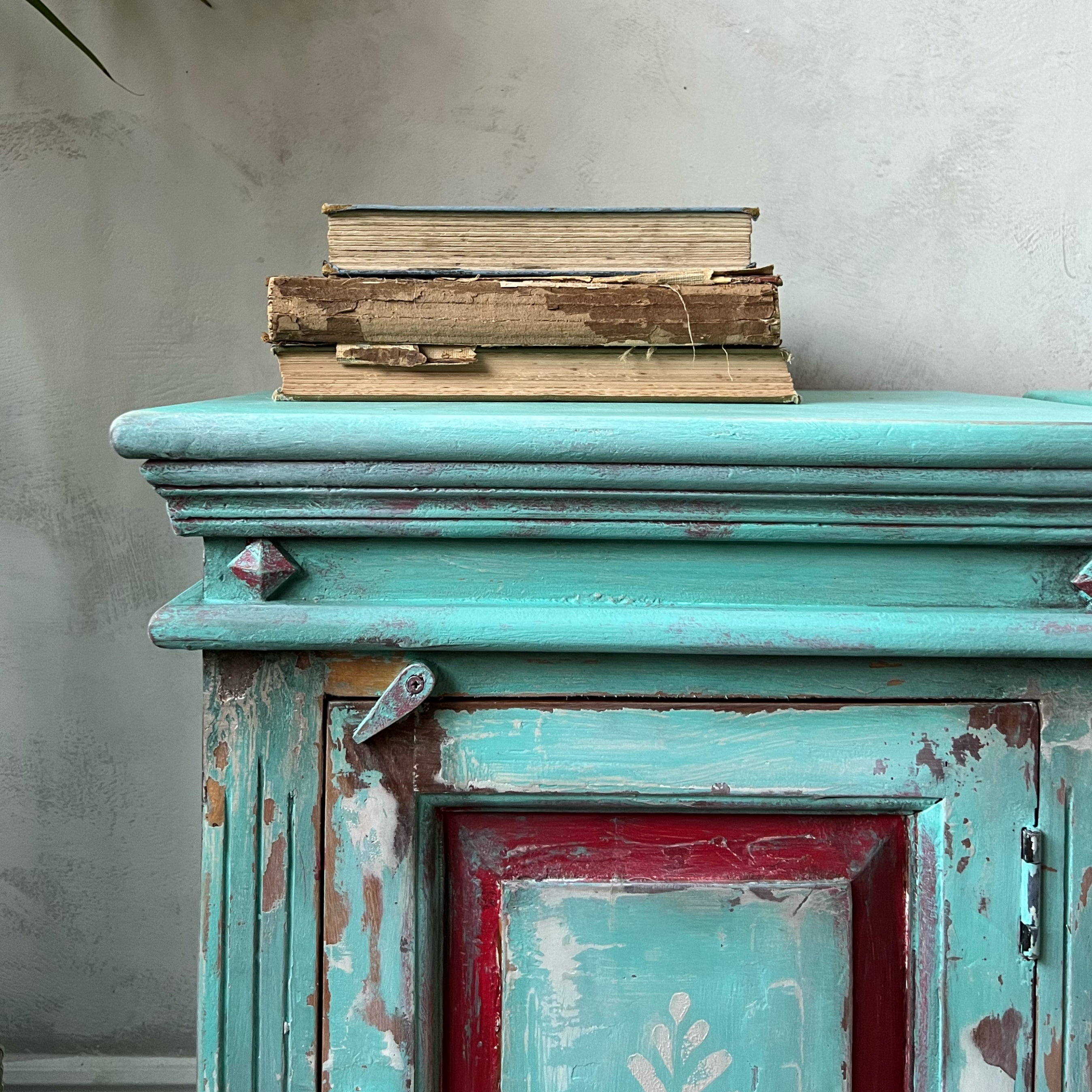 Turquoise & Red Pair of Bedside Tables