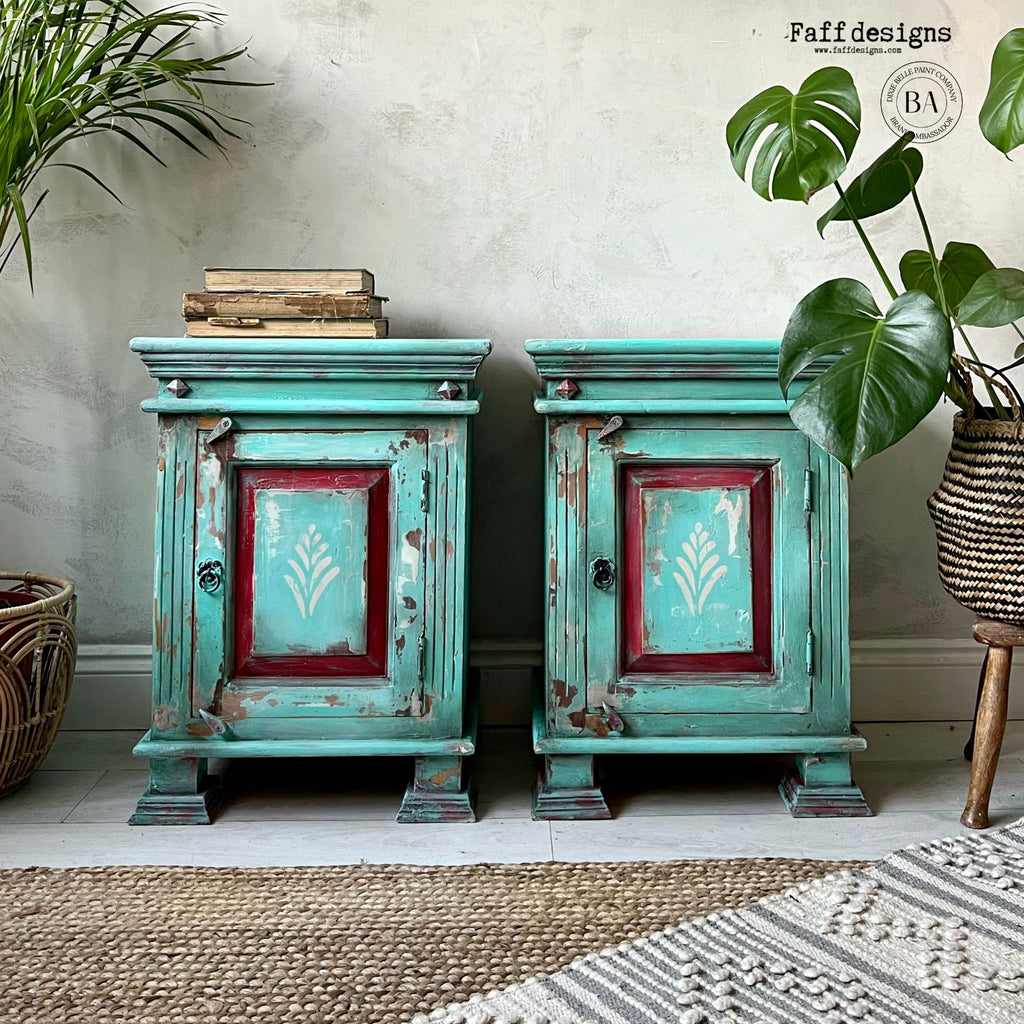 Turquoise & Red Pair of Bedside Tables